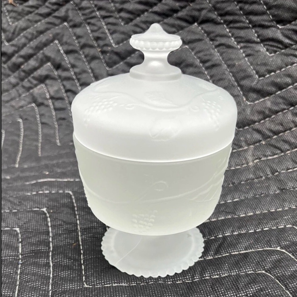 Vintage Lidded Frosted Glass Dish Retro Mid Century Modern MCM Antique VTG White